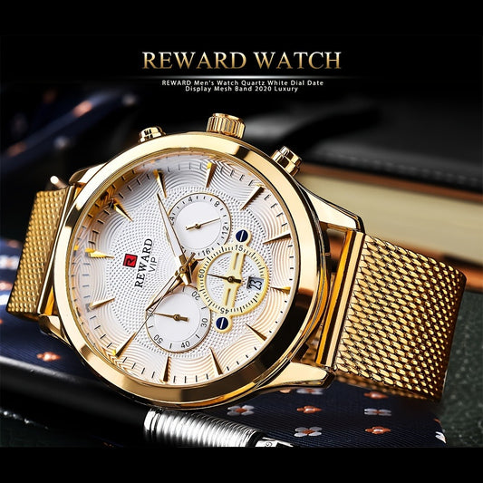 Men's Quartz Watch - REWARD 's Chronograph Luminous Stainless Steel Strap, Date Display, Gold & - main product view