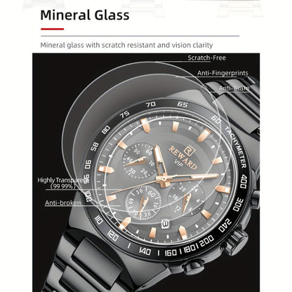 Men's Quartz Watch - Reward VIP Black Chronograph for Sport Luminous Stainless Steel - product detail view 4