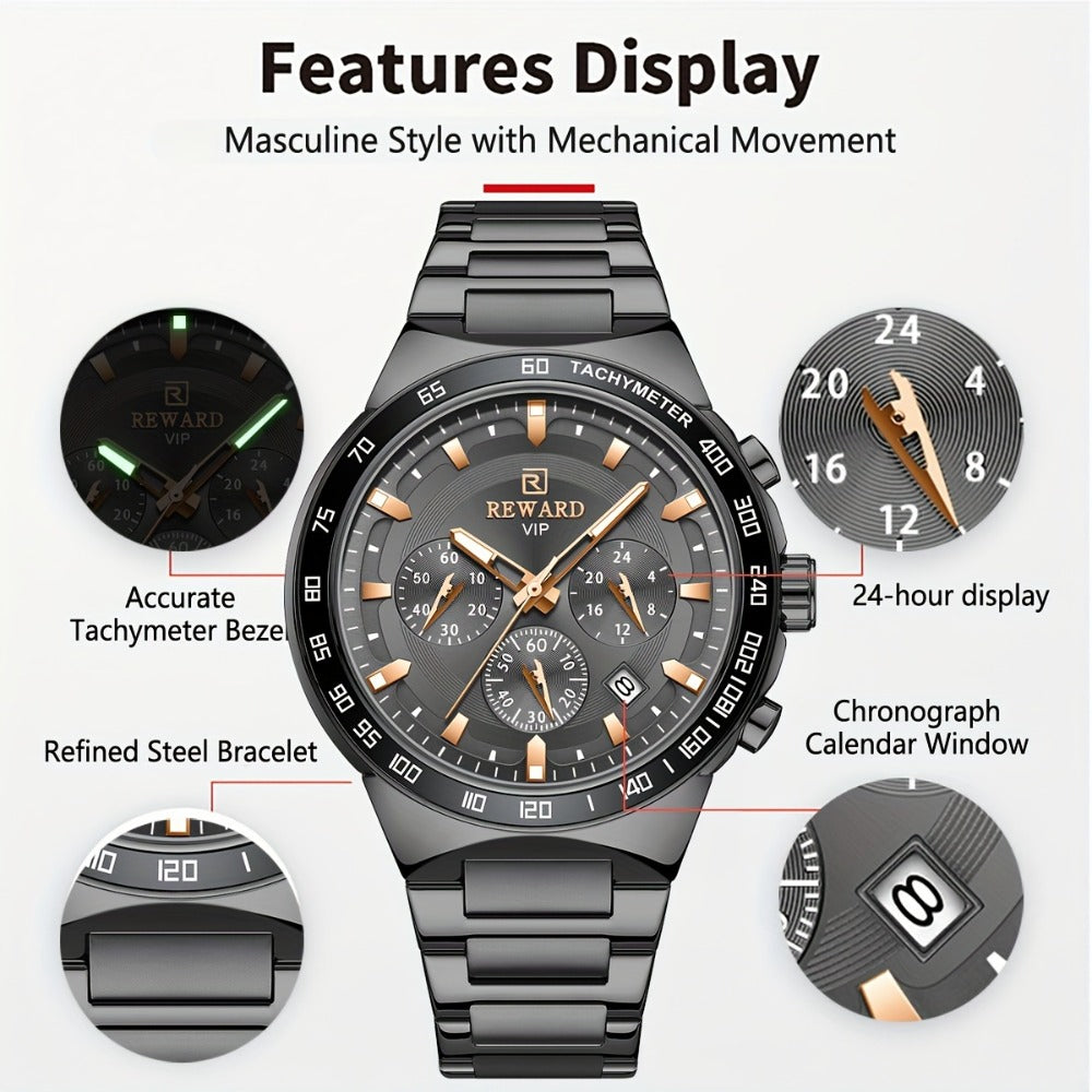 Men's Quartz Watch - Reward VIP Black Chronograph for Sport Luminous Stainless Steel - product detail view 5