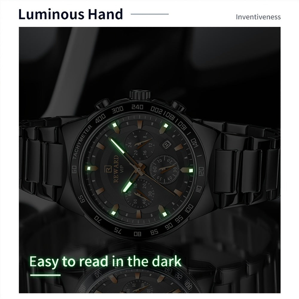 Men's Quartz Watch - Reward VIP Black Chronograph for Sport Luminous Stainless Steel - product detail view 7