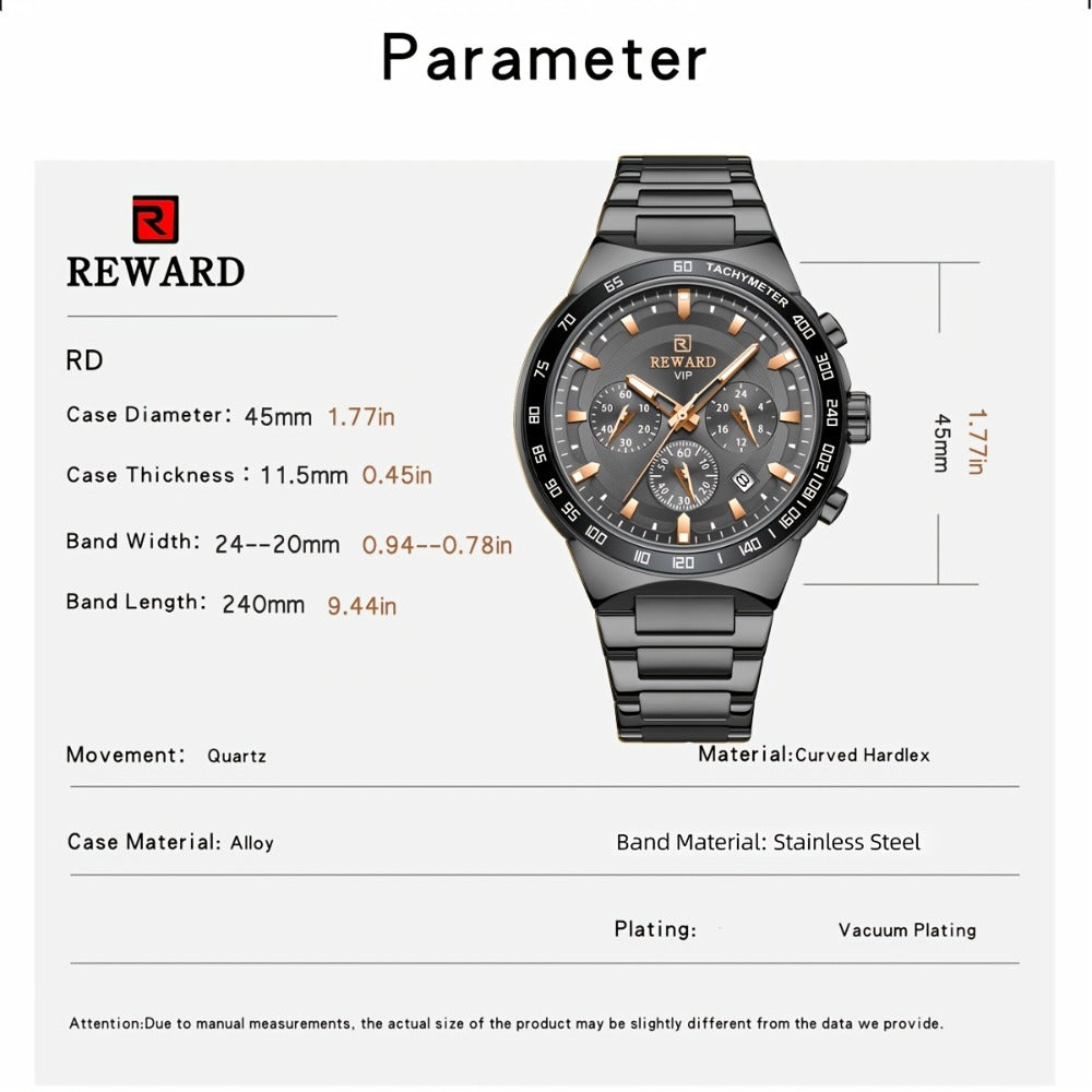 Men's Quartz Watch - Reward VIP Black Chronograph for Sport Luminous Stainless Steel - product detail view 10