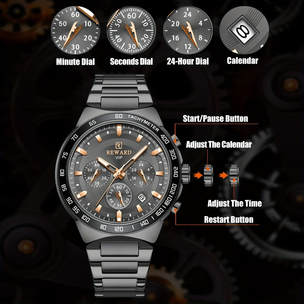 Men's Quartz Watch - Reward VIP Black Chronograph for Sport Luminous Stainless Steel - product detail view 15