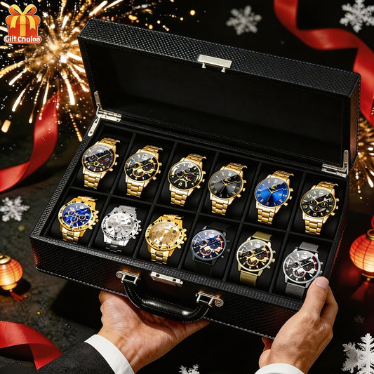 Men's Quartz Watch - 's 12-Piece Set Stainless Steel Strap Watches, Classic Round Dial with - main product view
