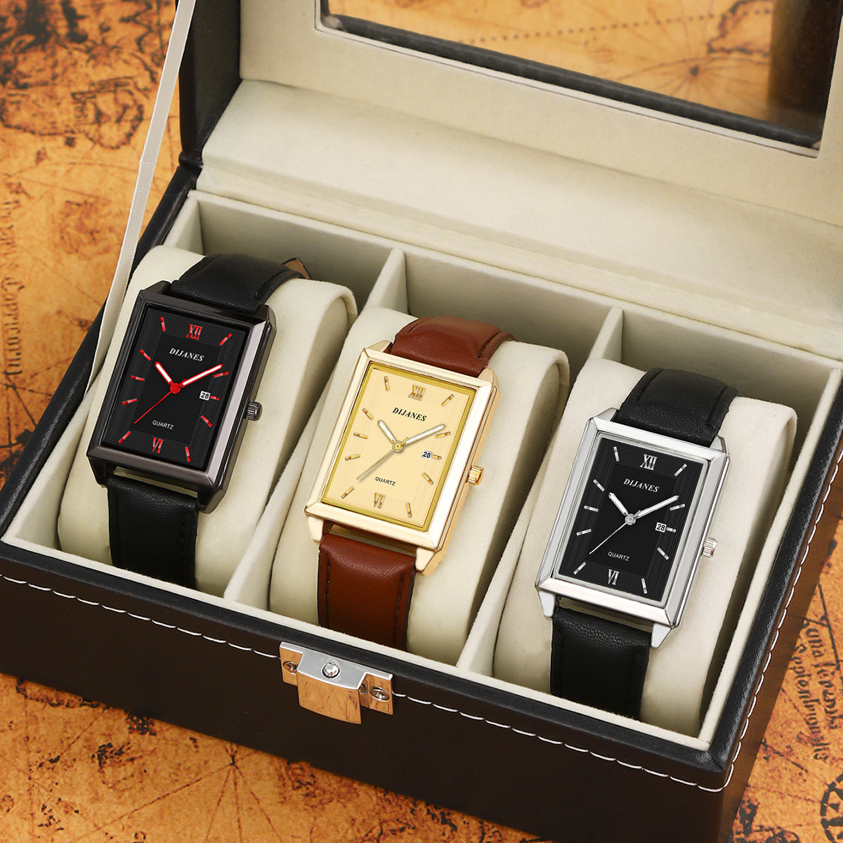 Men's Quartz Watch - 's 3-Piece Set Square Dial Wristwatch Bundle for , Business Casual Sports - product detail view 10