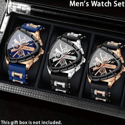 Men's Quartz Watch - 's 3pcs Set with Triangular Dial & Silicone Strap - Fashion Date Display - main product view