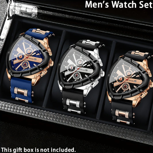 Men's Quartz Watch - 's 3pcs Set with Triangular Dial & Silicone Strap - Fashion Date Display - main product view