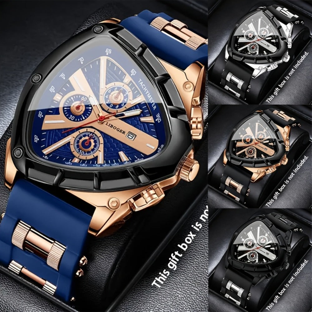 Men's Quartz Watch - 's 3pcs Set with Triangular Dial & Silicone Strap - Fashion Date Display - product detail view 2
