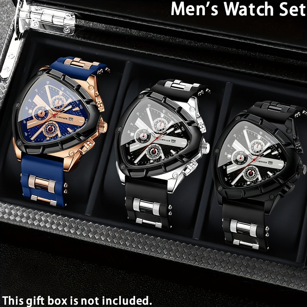 Men's Quartz Watch - 's 3pcs Set with Triangular Dial & Silicone Strap - Fashion Date Display - product detail view 4