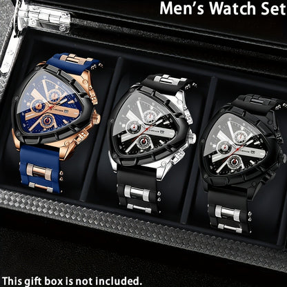 Men's Quartz Watch - 's 3pcs Set with Triangular Dial & Silicone Strap - Fashion Date Display - product detail view 4