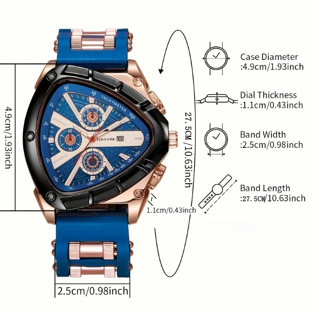 Men's Quartz Watch - 's 3pcs Set with Triangular Dial & Silicone Strap - Fashion Date Display - product detail view 5