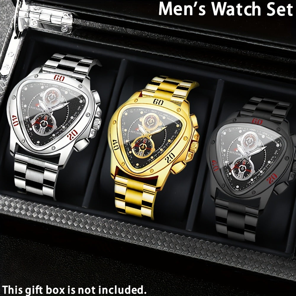 Men's Quartz Watch - 's 3pcs Set with Triangular Dial & Silicone Strap - Fashion Date Display - product detail view 6