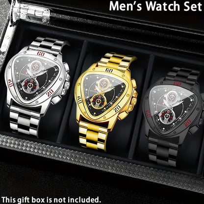 Men's Quartz Watch - 's 3pcs Set with Triangular Dial & Silicone Strap - Fashion Date Display - product detail view 6