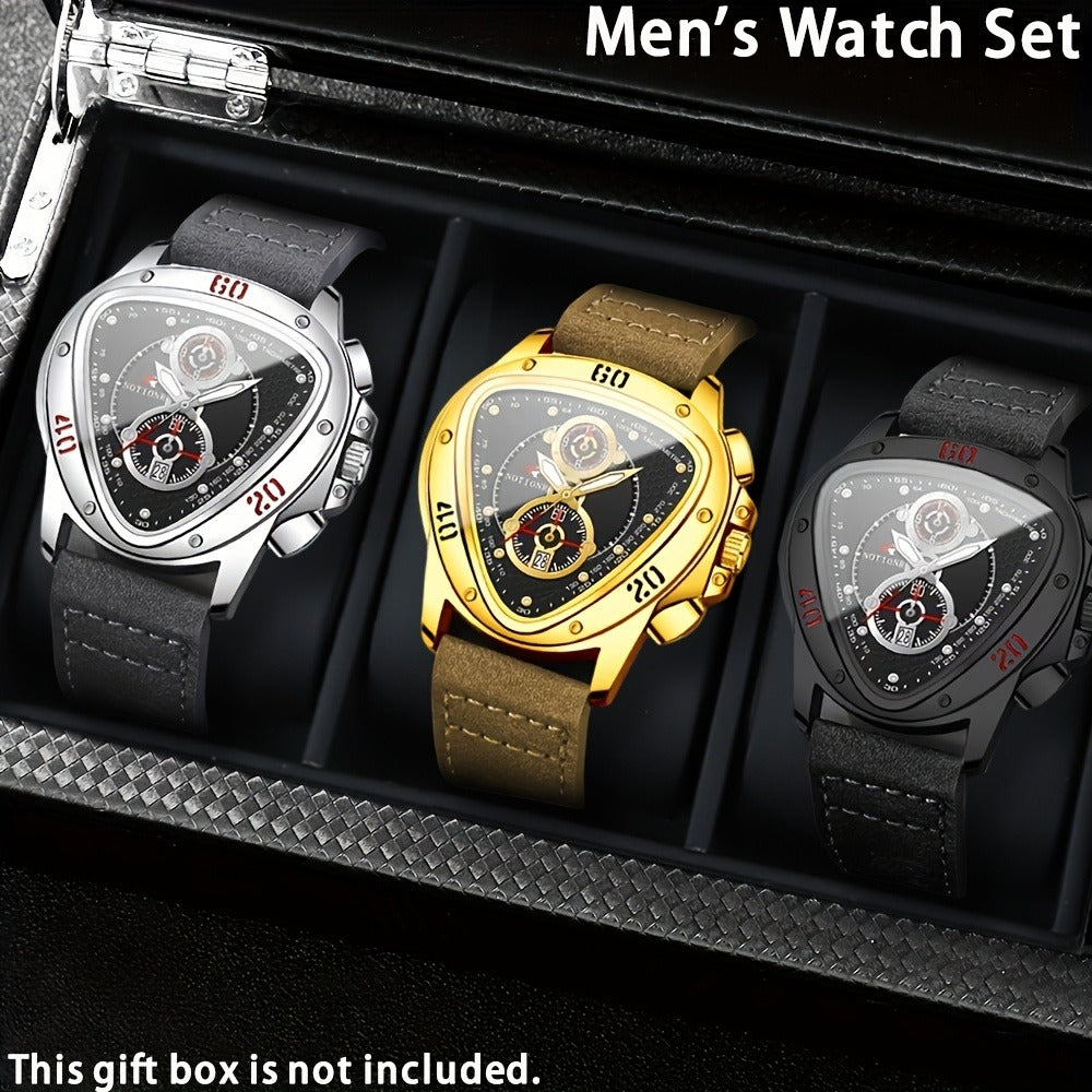 Men's Quartz Watch - 's 3pcs Set with Triangular Dial & Silicone Strap - Fashion Date Display - product detail view 8