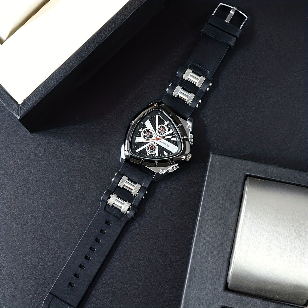 Men's Quartz Watch - 's 3pcs Set with Triangular Dial & Silicone Strap - Fashion Date Display - product detail view 25