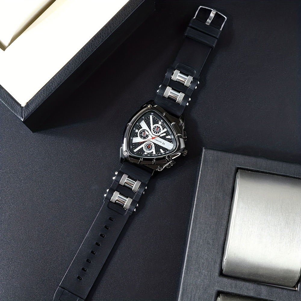 Men's Quartz Watch - 's 3pcs Set with Triangular Dial & Silicone Strap - Fashion Date Display - product detail view 30