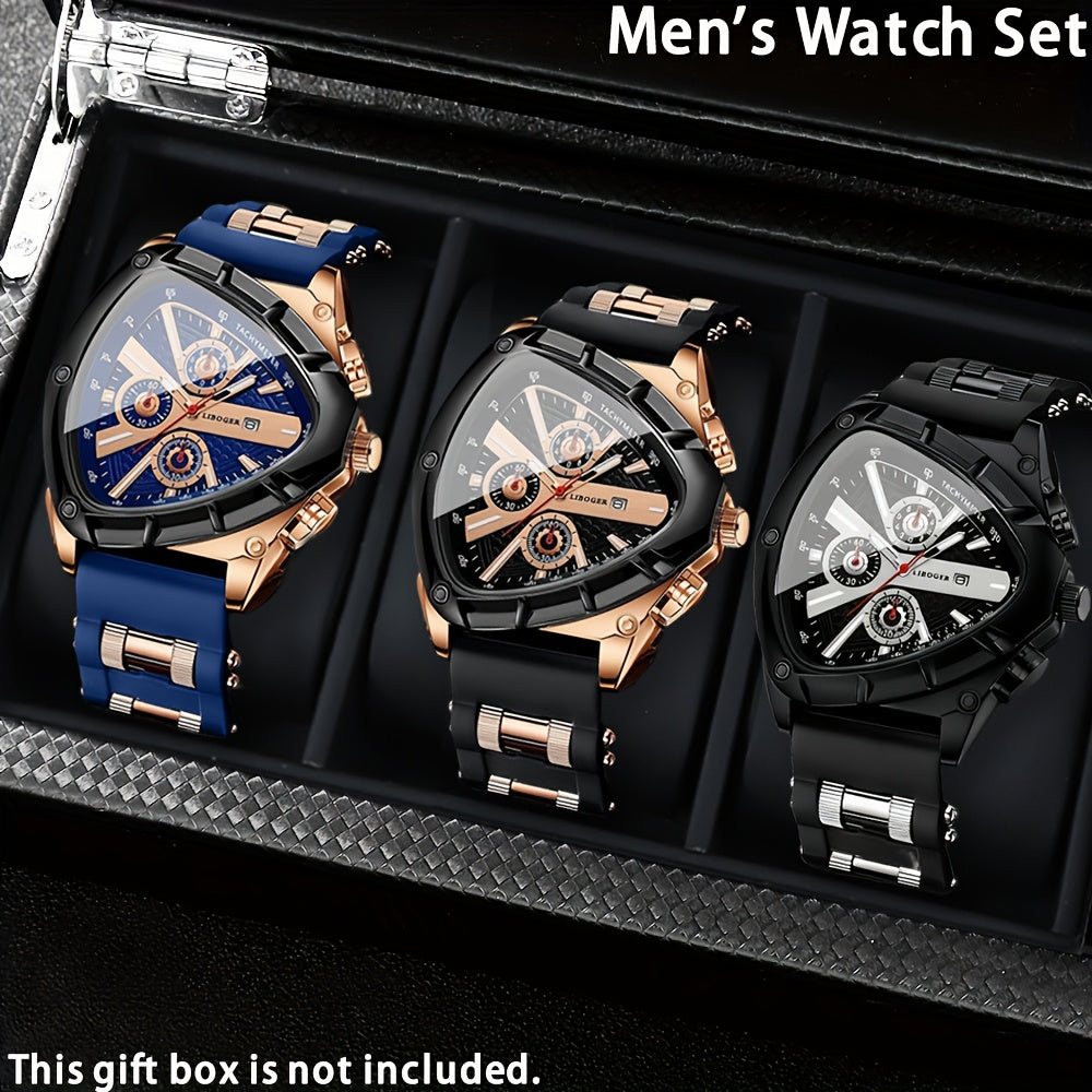 Men's Quartz Watch - 's 3pcs Set with Triangular Dial & Silicone Strap - Fashion Date Display - product detail view 32