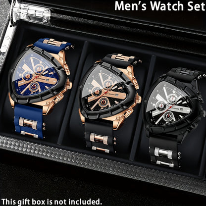 Men's Quartz Watch - 's 3pcs Set with Triangular Dial & Silicone Strap - Fashion Date Display - product detail view 32