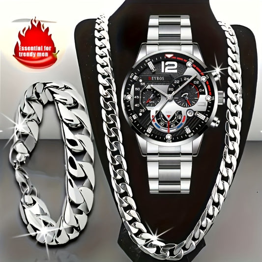 Men's Quartz Watch - 's Analog Set 3pcs Wristwatch, Matching Necklace & Bracelet Combo for - main product view