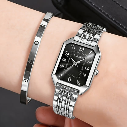 Women's Quartz Watch - 's & Bangle Set 2pcs Vintage Rectangular Dial with Trendy Open Bangle - product detail view 8