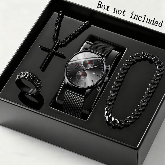 Men's Quartz Watch - 's & Bracelet Gift Set 4-Piece Stainless Steel Date , Necklace & Bracelet - main product view
