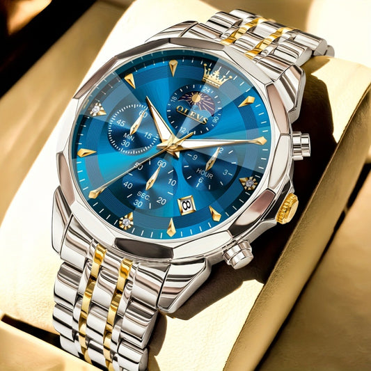 Men's Quartz Watch - 's Chronograph OLEVS Luxury Two-Tone Stainless Steel Moon Phase Luminous - main product view