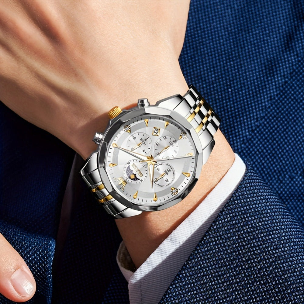 Men's Quartz Watch - 's Chronograph OLEVS Luxury Two-Tone Stainless Steel Moon Phase Luminous - product detail view 2
