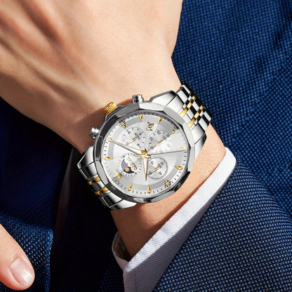 Men's Quartz Watch - 's Chronograph OLEVS Luxury Two-Tone Stainless Steel Moon Phase Luminous - product detail view 2
