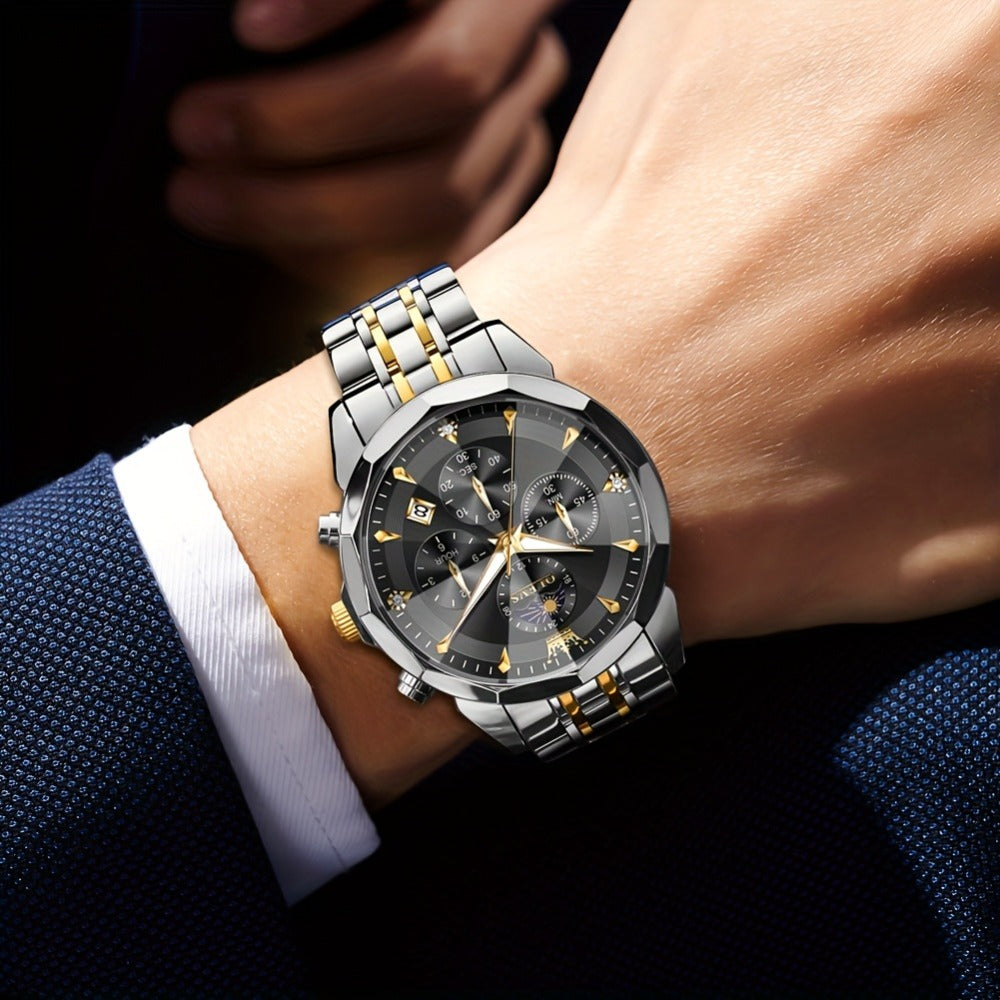 Men's Quartz Watch - 's Chronograph OLEVS Luxury Two-Tone Stainless Steel Moon Phase Luminous - product detail view 4