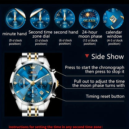 Men's Quartz Watch - 's Chronograph OLEVS Luxury Two-Tone Stainless Steel Moon Phase Luminous - product detail view 7