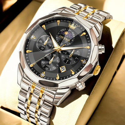 Men's Quartz Watch - 's Chronograph OLEVS Luxury Two-Tone Stainless Steel Moon Phase Luminous - product detail view 8