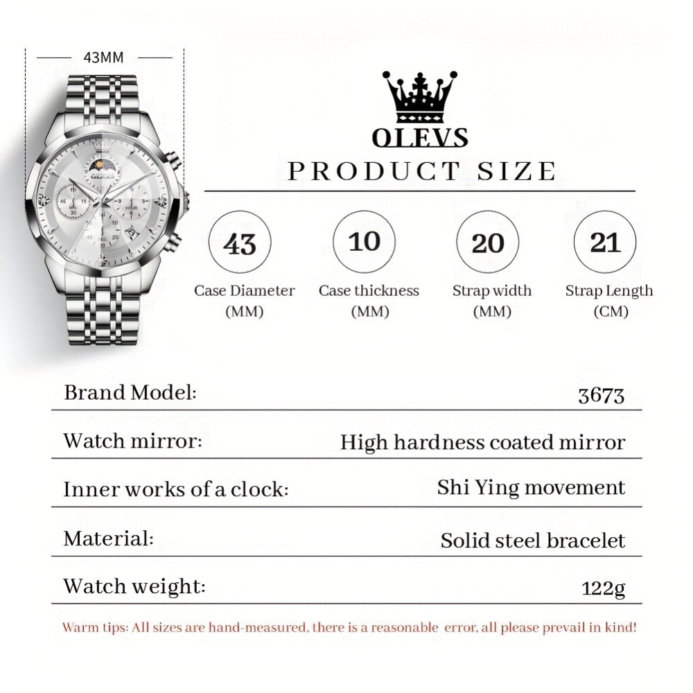 Men's Quartz Watch - 's Chronograph OLEVS Luxury Two-Tone Stainless Steel Moon Phase Luminous - product detail view 9