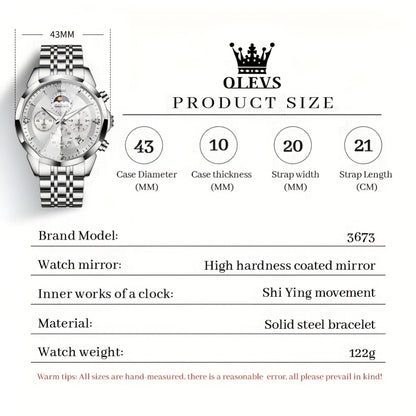 Men's Quartz Watch - 's Chronograph OLEVS Luxury Two-Tone Stainless Steel Moon Phase Luminous - product detail view 9