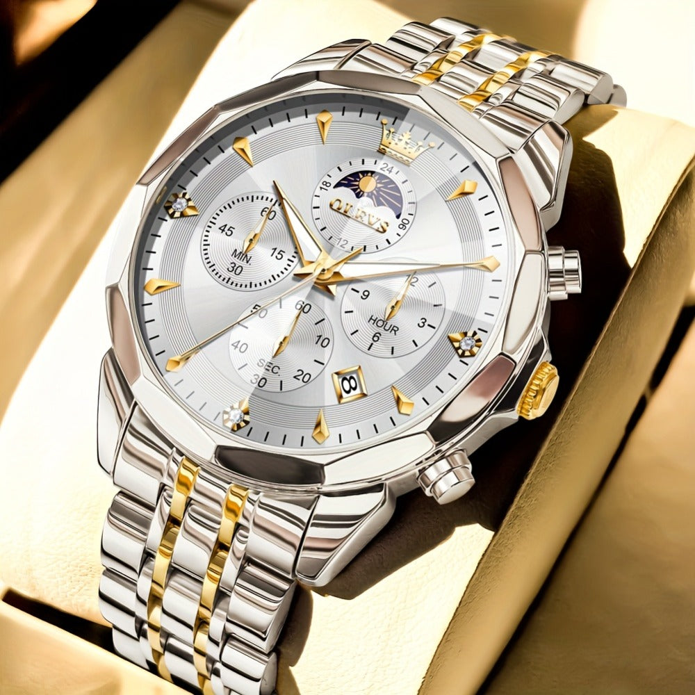 Men's Quartz Watch - 's Chronograph OLEVS Luxury Two-Tone Stainless Steel Moon Phase Luminous - product detail view 10
