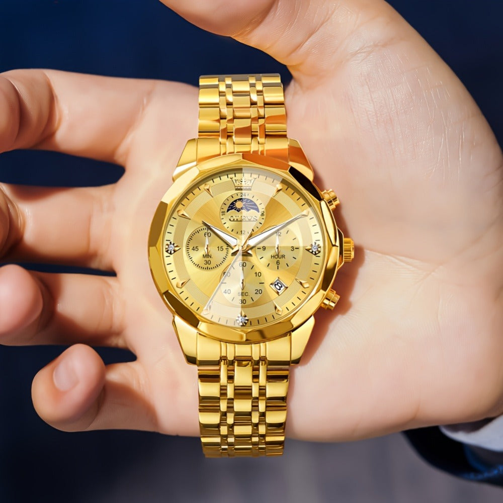 Men's Quartz Watch - 's Chronograph OLEVS Luxury Two-Tone Stainless Steel Moon Phase Luminous - product detail view 11