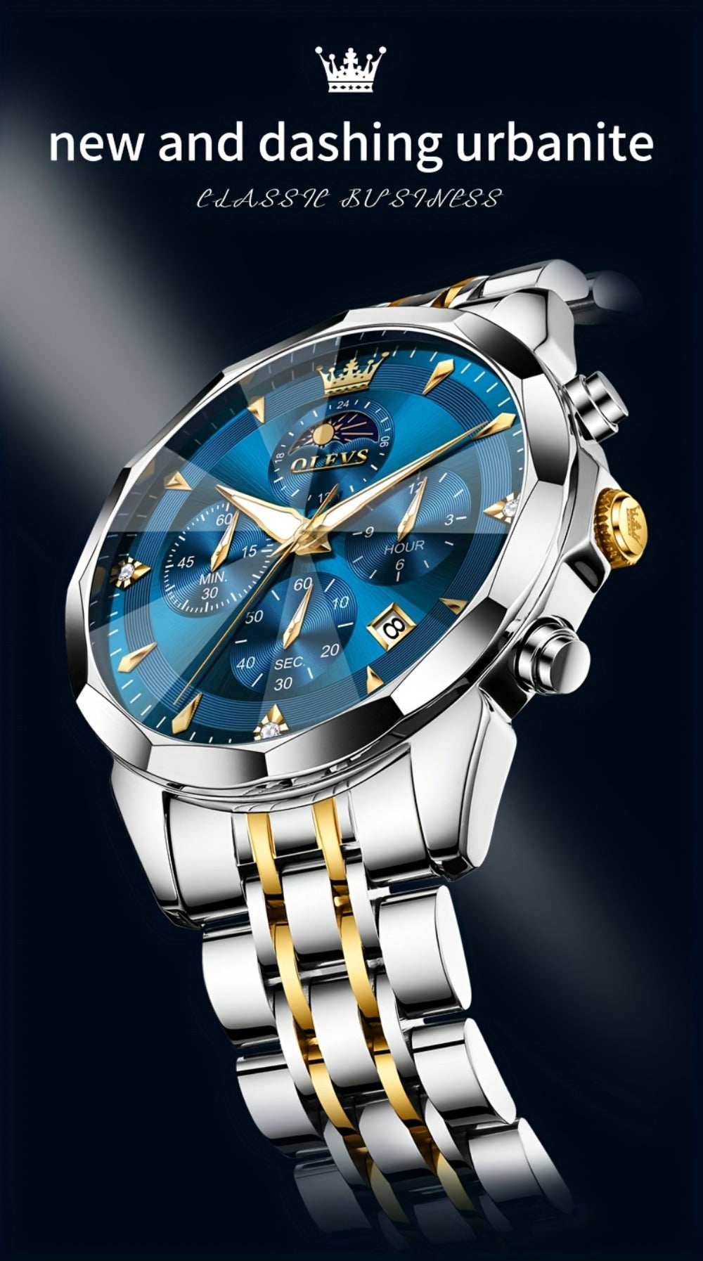 Men's Quartz Watch - 's Chronograph OLEVS Luxury Two-Tone Stainless Steel Moon Phase Luminous - product detail view 16