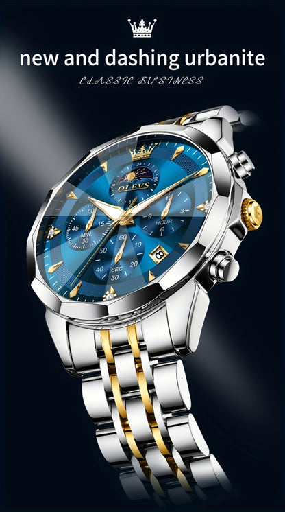 Men's Quartz Watch - 's Chronograph OLEVS Luxury Two-Tone Stainless Steel Moon Phase Luminous - product detail view 16