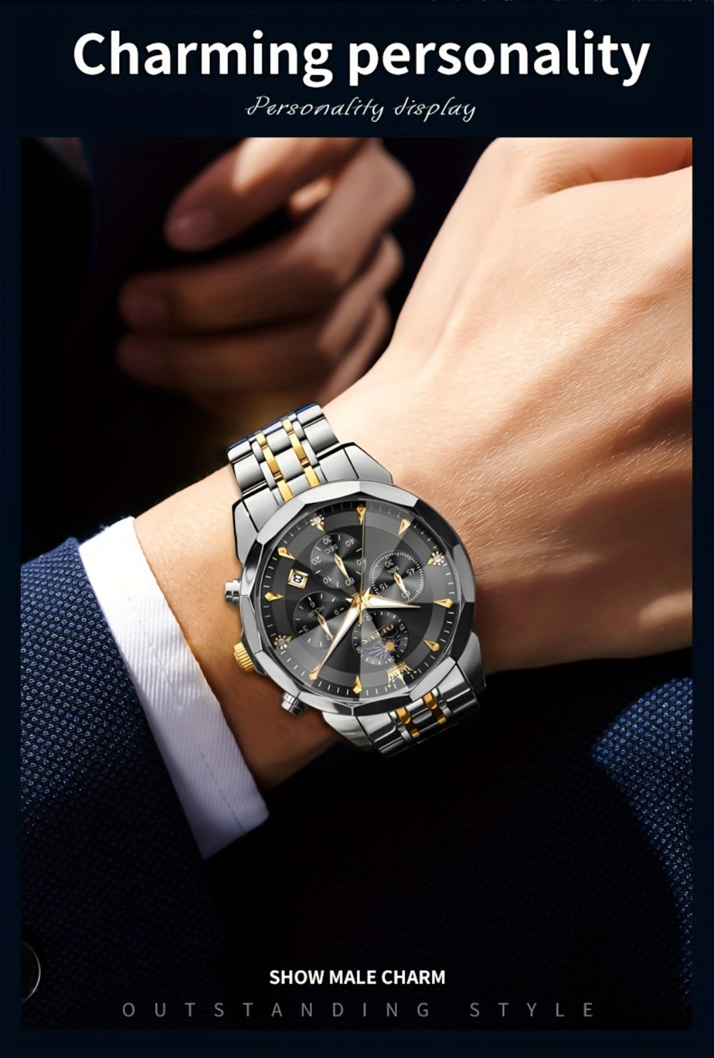 Men's Quartz Watch - 's Chronograph OLEVS Luxury Two-Tone Stainless Steel Moon Phase Luminous - product detail view 18