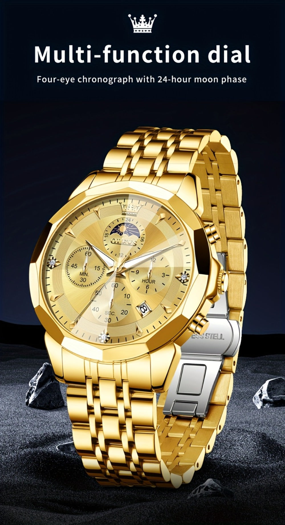 Men's Quartz Watch - 's Chronograph OLEVS Luxury Two-Tone Stainless Steel Moon Phase Luminous - product detail view 20