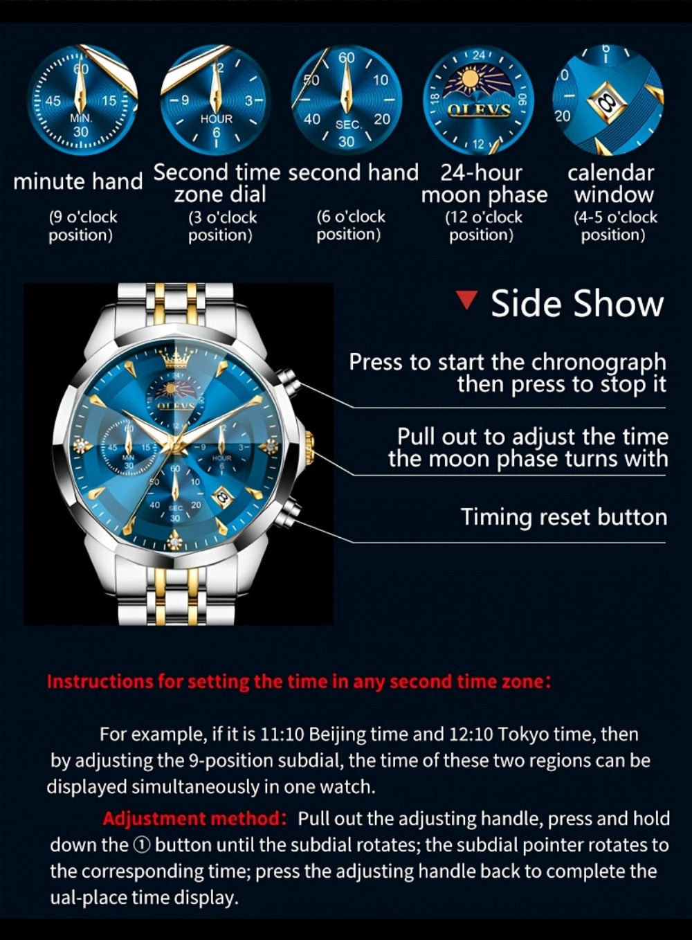 Men's Quartz Watch - 's Chronograph OLEVS Luxury Two-Tone Stainless Steel Moon Phase Luminous - product detail view 21