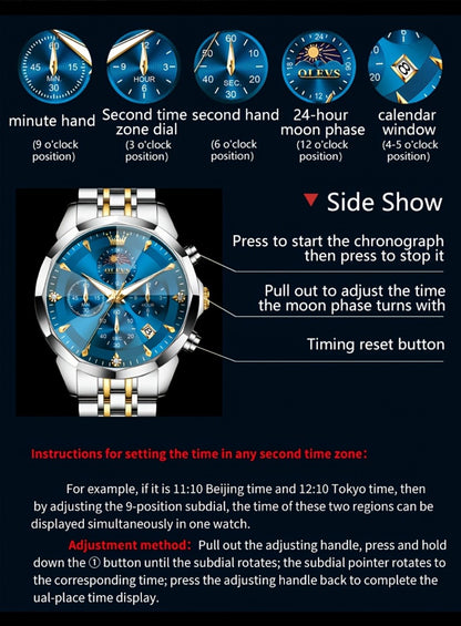 Men's Quartz Watch - 's Chronograph OLEVS Luxury Two-Tone Stainless Steel Moon Phase Luminous - product detail view 21