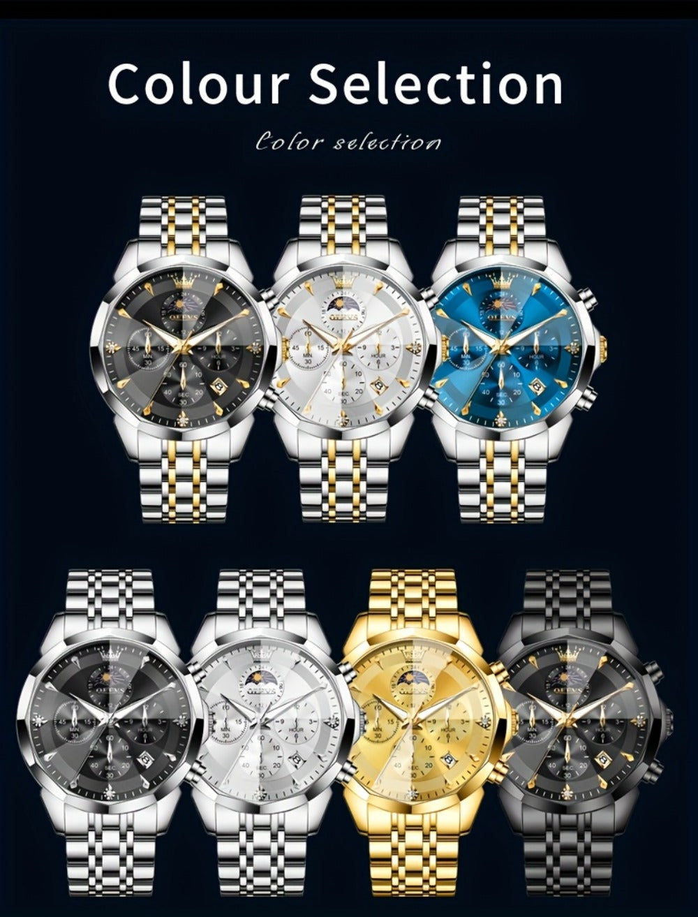 Men's Quartz Watch - 's Chronograph OLEVS Luxury Two-Tone Stainless Steel Moon Phase Luminous - product detail view 22