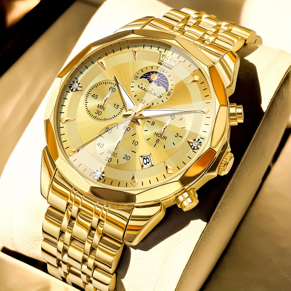 Men's Quartz Watch - 's Chronograph OLEVS Luxury Two-Tone Stainless Steel Moon Phase Luminous - product detail view 23