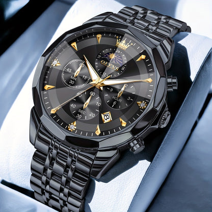 Men's Quartz Watch - 's Chronograph OLEVS Luxury Two-Tone Stainless Steel Moon Phase Luminous - product detail view 24