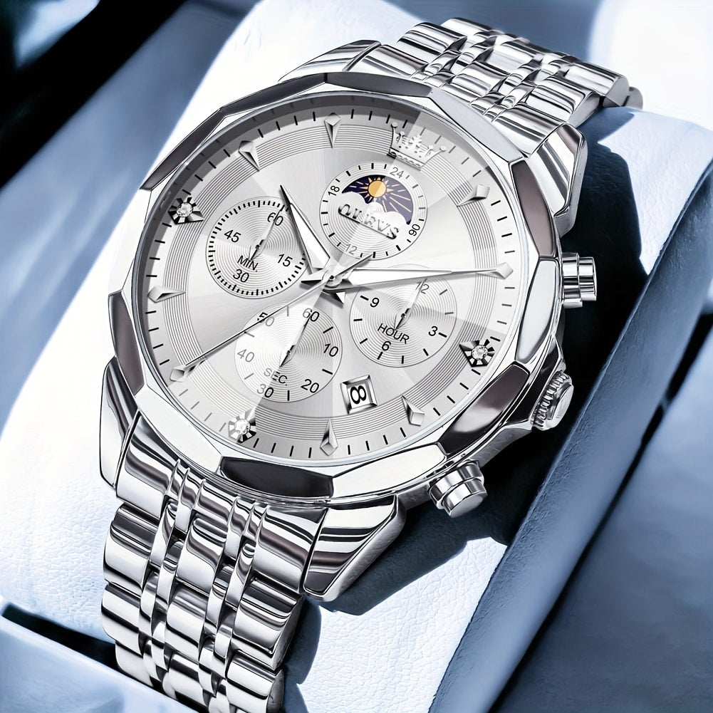 Men's Quartz Watch - 's Chronograph OLEVS Luxury Two-Tone Stainless Steel Moon Phase Luminous - product detail view 29