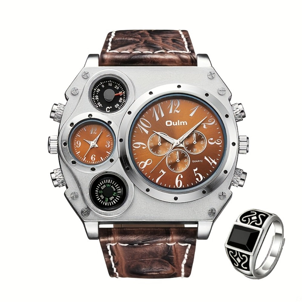 Men's Quartz Watch - 's Dual Time Zone & Ring Set 2-Piece Multifunctional Sports with Matching - product detail view 3