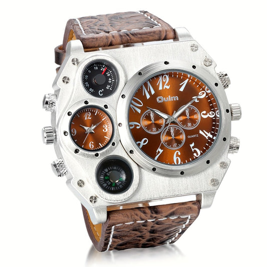 Men's Quartz Watch - 's Dual Time Zone Large Dial Luminous Faux Leather Wristwatch, Casual - main product view