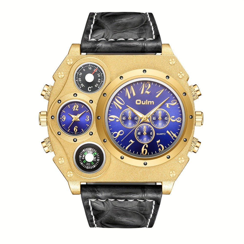 Men's Quartz Watch - 's Dual Time Zone Large Dial Luminous Faux Leather Wristwatch, Casual - product detail view 10
