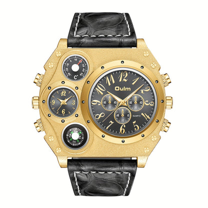 Men's Quartz Watch - 's Dual Time Zone Large Dial Luminous Faux Leather Wristwatch, Casual - product detail view 16