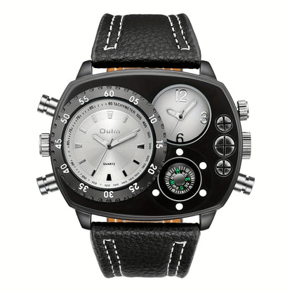 Men's Quartz Watch - 's Dual Time Zone Large Dial Luminous Faux Leather Wristwatch, Casual - product detail view 18
