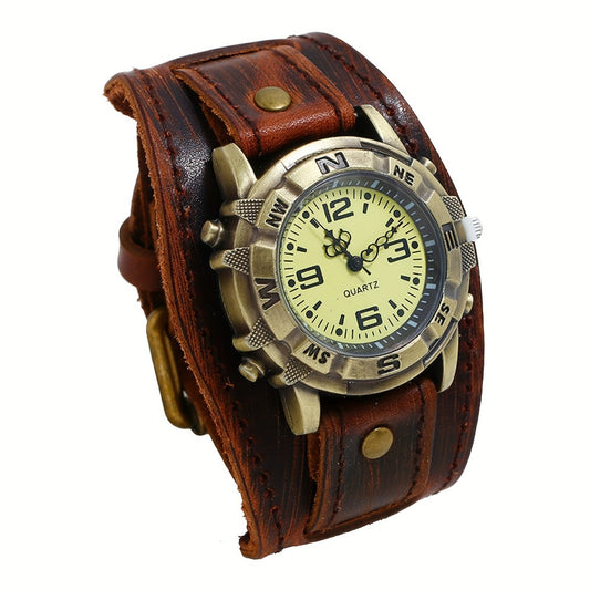 Men's Quartz Watch - 's Gothic Punk | Wide Leather Cuff Wristwatch with Stainless Steel Case & - main product view
